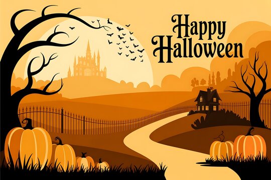 Spooky halloween landscape with pumpkins path and haunted house in the distance