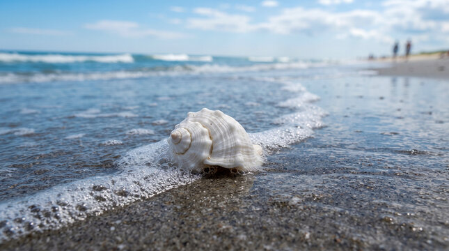 Una concha marina blanca descansa sobre la arena h&uacute;meda de la playa, donde la suave espuma del agua acaricia la orilla en un d&iacute;a tranquilo de verano.