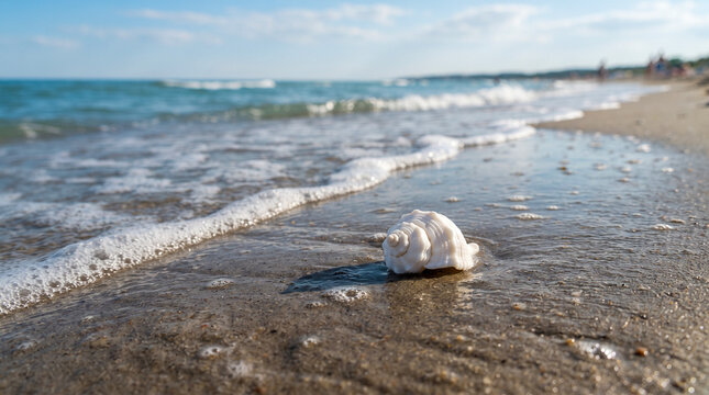 Una concha marina blanca descansa sobre la arena h&uacute;meda de la playa, donde la suave espuma del agua acaricia la orilla en un d&iacute;a tranquilo de verano.