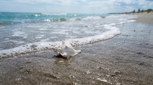 Una concha marina blanca descansa sobre la arena h&uacute;meda de la playa, donde la suave espuma del agua acaricia la orilla en un d&iacute;a tranquilo de verano.