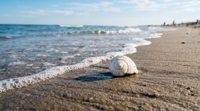 Una concha marina blanca descansa sobre la arena h&uacute;meda de la playa, donde la suave espuma del agua acaricia la orilla en un d&iacute;a tranquilo de verano.
