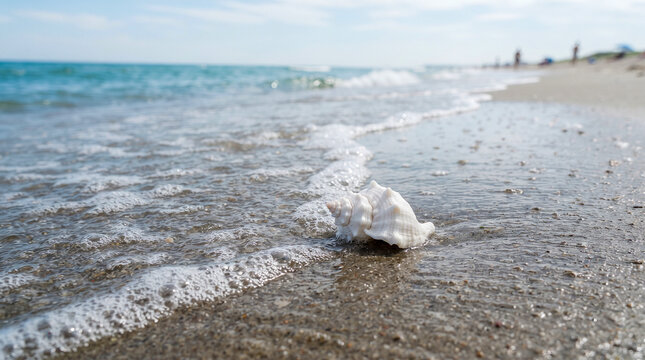 Una concha marina blanca descansa sobre la arena h&uacute;meda de la playa, donde la suave espuma del agua acaricia la orilla en un d&iacute;a tranquilo de verano.