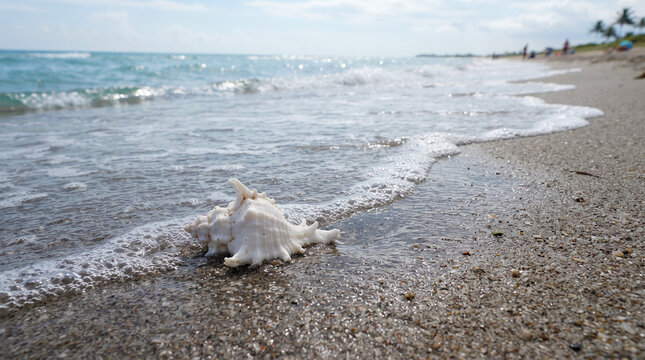 Una concha marina blanca descansa sobre la arena h&uacute;meda de la playa, donde la suave espuma del agua acaricia la orilla en un d&iacute;a tranquilo de verano.