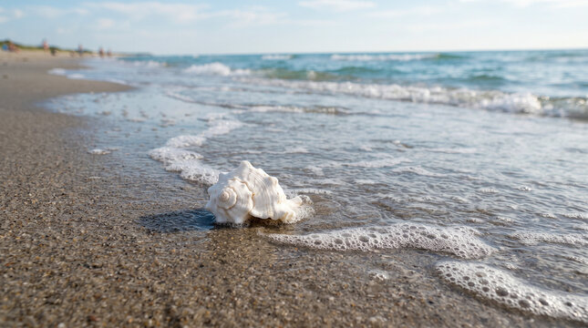 Una concha marina blanca descansa sobre la arena h&uacute;meda de la playa, donde la suave espuma del agua acaricia la orilla en un d&iacute;a tranquilo de verano.