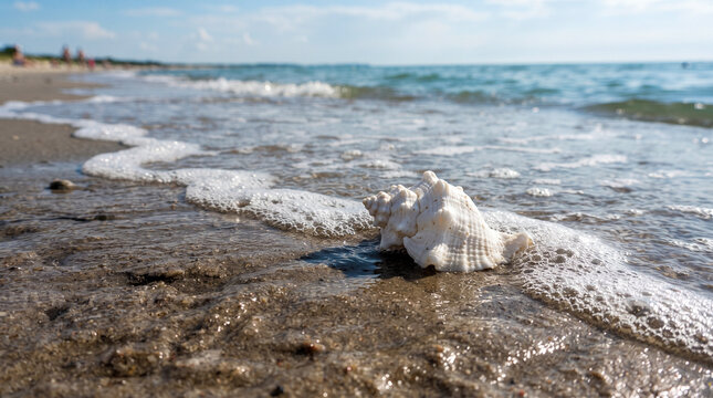 Una concha marina blanca descansa sobre la arena h&uacute;meda de la playa, donde la suave espuma del agua acaricia la orilla en un d&iacute;a tranquilo de verano.