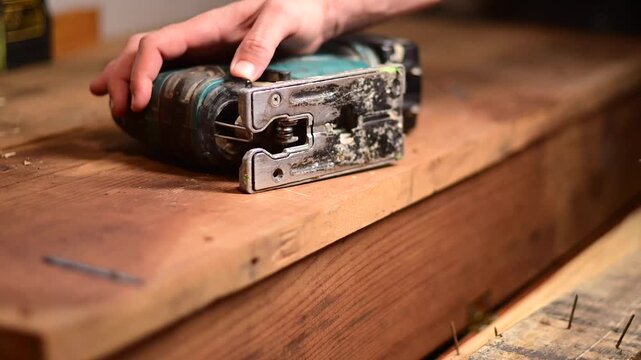 Woodworking jigsaw tool soft focus b roll video man wood working, workstation bench, pallet wood, b roll video, bokeh