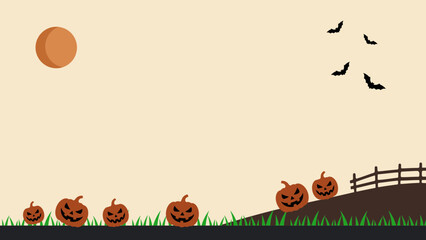 Fototapeta premium Halloween Background with Pumpkins, Moon, Bats and Wooden Fence on Beige Backdrop