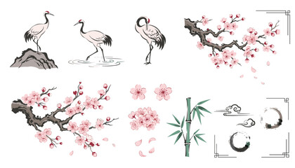 Naklejka premium Traditional Japanese Style Vector Set Featuring Red Crowned Cranes Cherry Blossom Sakura Branches Green Bamboo and Zen Ink Brush Strokes for Oriental Graphic Designs