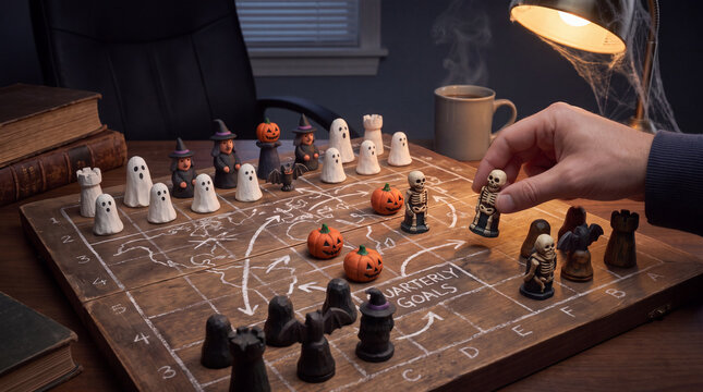 Halloween Business Strategy Board with Ghosts Witches Pumpkins and Skeletons
