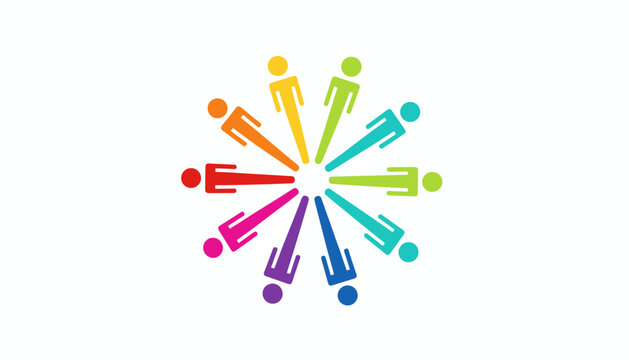 Symmetrical circular star pattern of colorful abstract human figures radiating outwards in a rainbow spectrum.