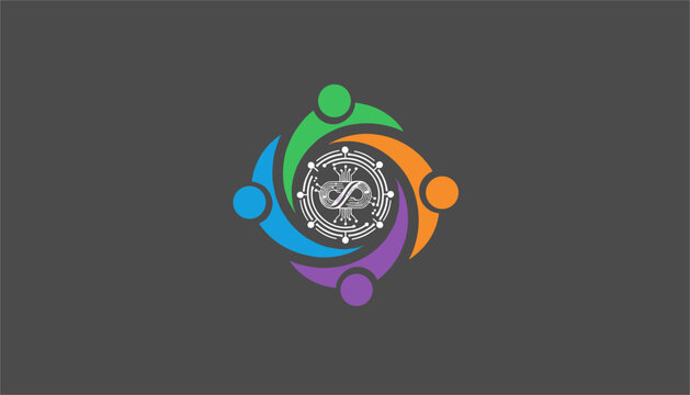Circular technology logo showing four colorful abstract people surrounding a central computer chip gear graphic.
