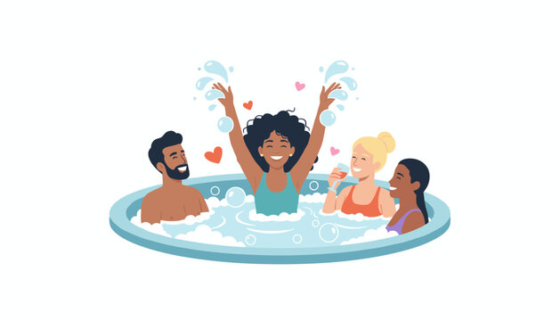 Happy friends enjoying a relaxing time in a bubbly jacuzzi hot tub with floating soap suds and drinks.