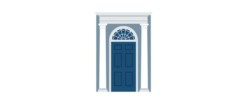 Elegant Blue Door with Transom Window and Classical Columns Isolated