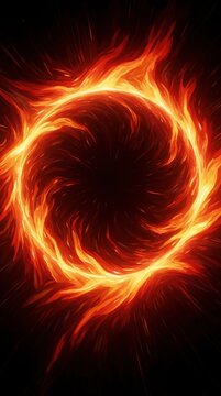 Fiery abstract circle vortex emanates intense heat and light. Swirling orange and yellow flames create a dynamic portal against dark background. Cosmic energy bursts outward from center.