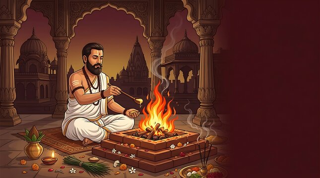Hindu priest performing yagna ritual with sacred fire in traditional temple setting