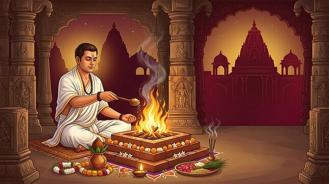 Hindu priest performing yagna ritual in a traditional temple setting