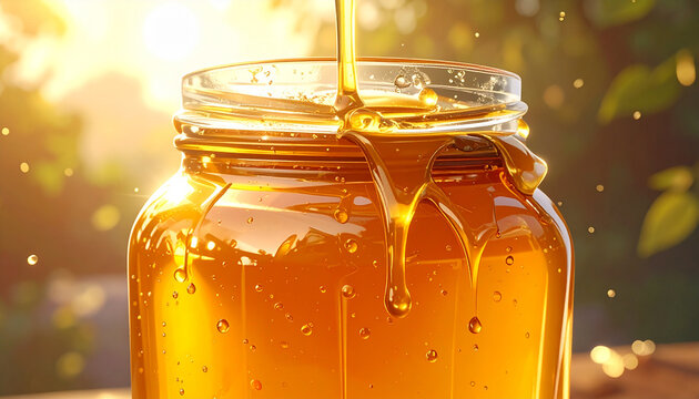 Close-up of thick golden honey pouring into a glass jar