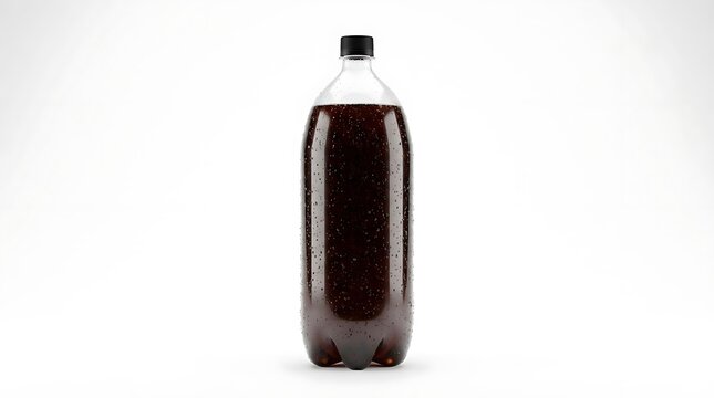 A 2 liter soda plastic bottle filled with a dark carbonated soft drink, isolated on a white background, featuring realistic condensation droplets on surface