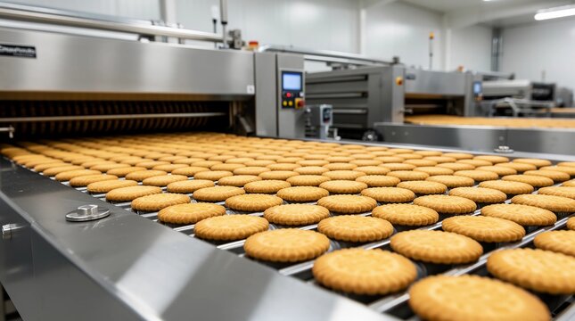 Round golden cookies on a conveyor belt in a modern industrial bakery