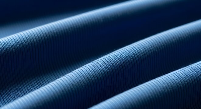 Close-up of ribbed blue fabric texture with undulating folds and shadows