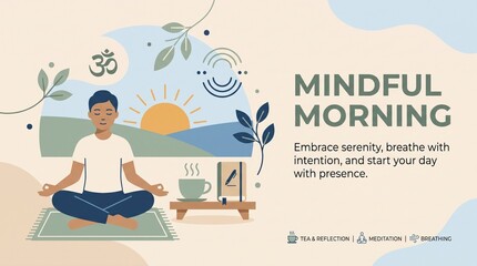 Fototapeta premium Man meditating at sunrise with tea and journal. Promotes mental health, serenity, and intentional living. Ideal for wellness blogs, social media, or health apps.