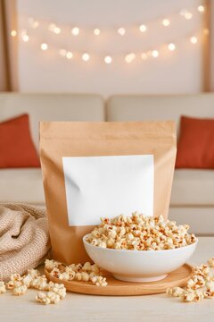 Bowl of popcorn with blank label bag on wooden tray in cozy living room with string lights