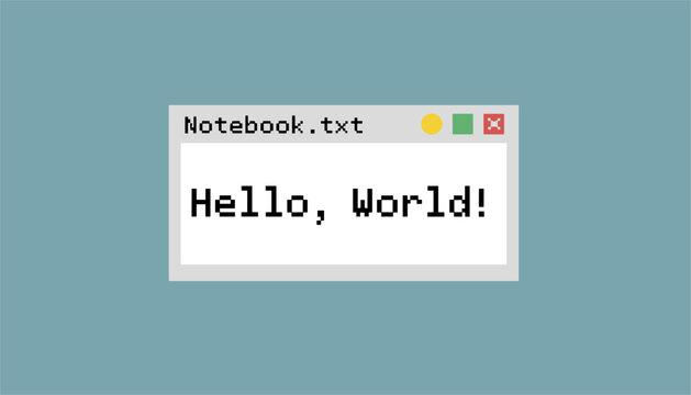 Retro computer text editor window displaying the classic Hello World text on a clean pastel blue background.