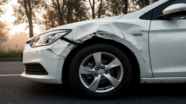 White car with bruised front end, dented fender and scratched tire shows accident deformations. Serves as material for insurance, repair and safety themes. Set on highway near trees in silent morning.