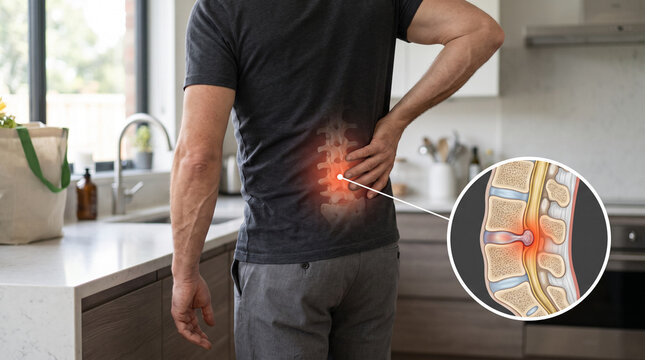 Lower back pain with lumbar disc herniation and spinal anatomy illustration