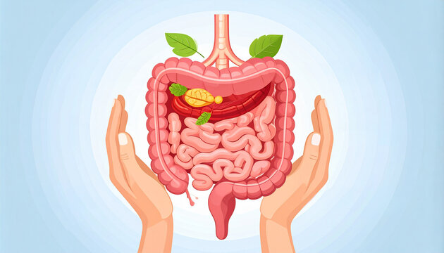 Human digestive system with labelled organs from stomach to intestines in educational medical illustration generative AI