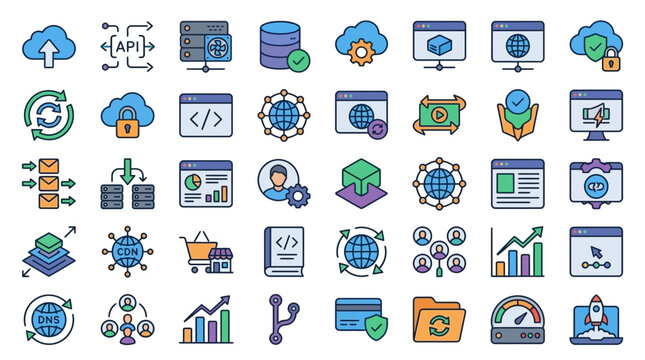 Clean Colorful Icons Set Featuring Cloud Computing Web Development E Commerce Security and Analytics Concepts