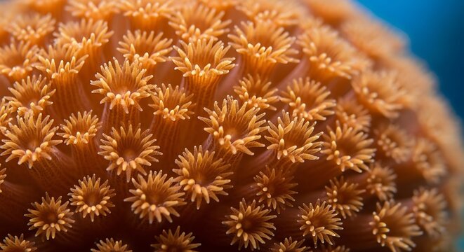 Close-up of vibrant orange coral polyps underwater in ocean
