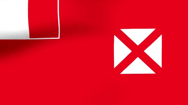 Waving flag of Wallis and Futuna featuring red background and traditional white emblems