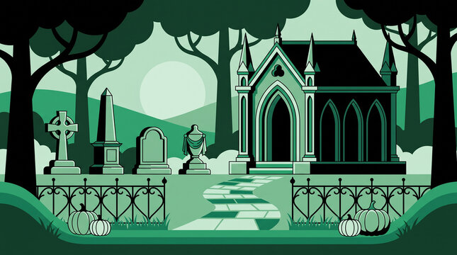 A gothic cemetery scene with a mausoleum tombstones and wrought iron fence is depicted in a green vector illustration graveyard