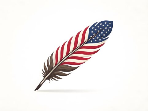 A feather creatively designed with the american flag colors and stars against a clean white background