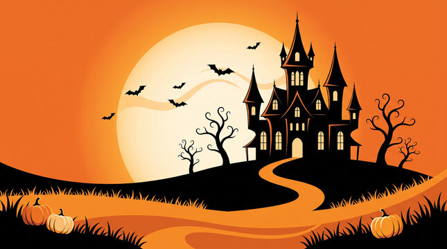 A dark castle silhouette stands against a vibrant orange gradient sky with a large full moon and flying bats halloween