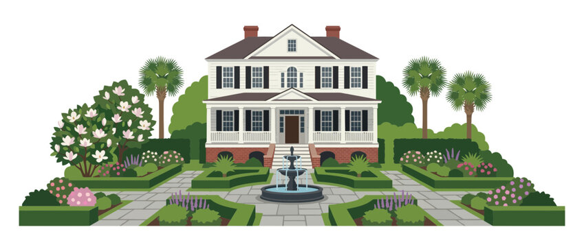 Southern Plantation House with Formal Garden and Fountain
