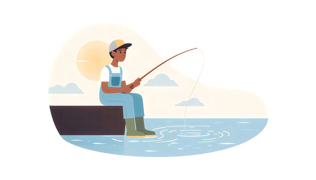 Young man fishing from a dock a flat vector illustration