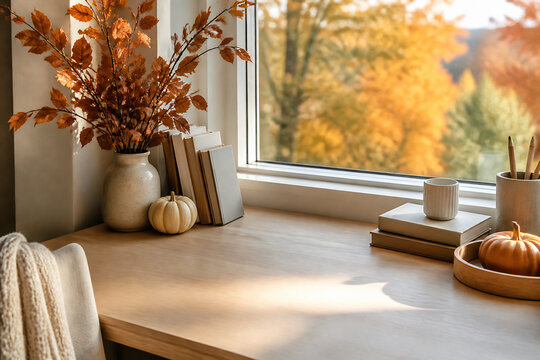 A warm, autumnal indoor scene featuring a vase of dried leaves, books, and pumpkins on a wooden table by a bright window overlooking fall foliage.