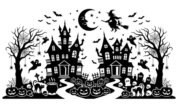 Spooky halloween scene with haunted house witch pumpkins bats and creepy trees