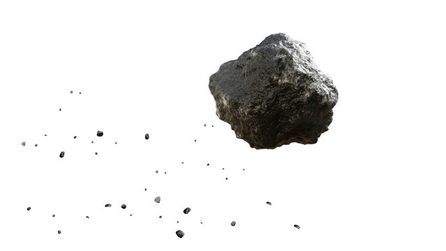 Single massive asteroid floating in empty space with scattered debris on black