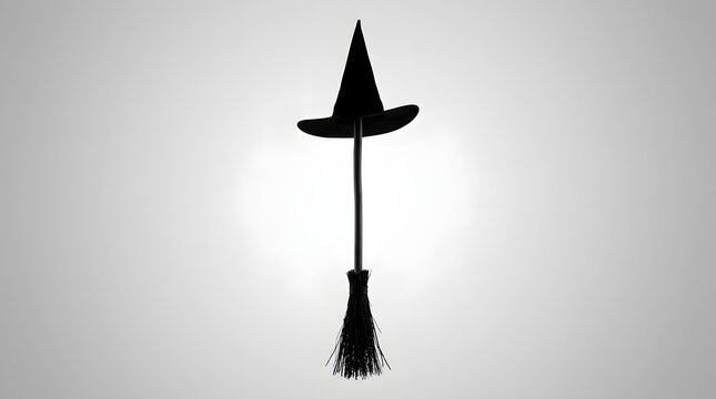 Black witch hat on broomstick flying against white foggy background for Halloween magic theme
