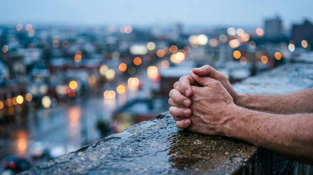 Clasped hands in prayer on a rainy rooftop overlooking blurred city lights at dusk.