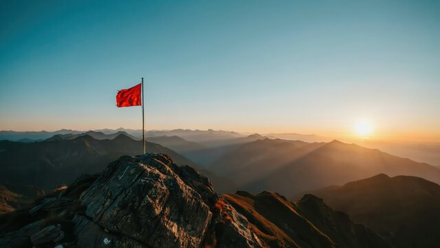 Red flag waving on a mountain peak during golden sunset. Success and leadership concept for business achievement goals.