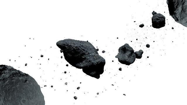 Asteroid belt rocks falling from top left corner isolated on black background