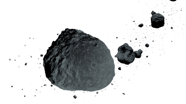 Massive asteroid collision concept with floating rocks isolated on black