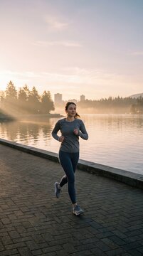 A woman runs on a paved path by a lake during a misty sunrise. The morning light creates a peaceful and motivating atmosphere for fitness. Ideal for wellness and healthy lifestyle content.
