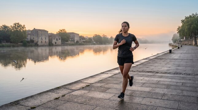 A young woman in athletic wear runs along a stone path by a misty river during sunrise. The atmosphere is peaceful and motivating. Ideal for fitness blogs and wellness advertisements.