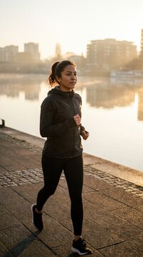 A young woman in black athletic wear runs along a paved path next to a river. The morning sun casts a warm golden glow over the urban skyline. Ideal for fitness blogs and wellness advertisements.