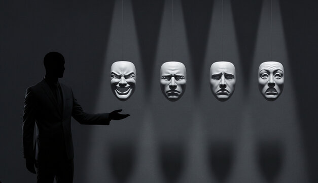 A silhouette of a businessman gesturing toward a row of four white emotional masks under spotlights, conceptualizing choice of persona, hidden identity, human psychology, and alter ego at work.